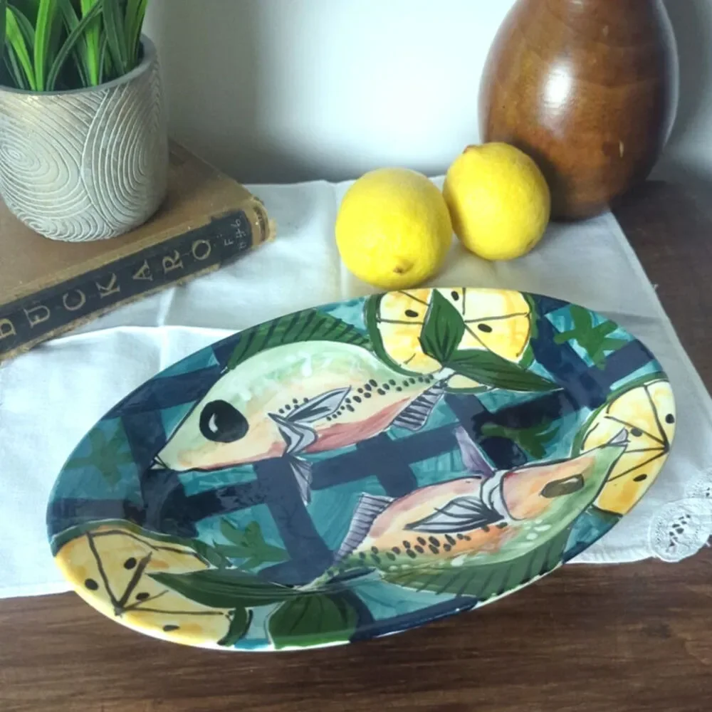 Hand-Painted Fish Motif Ceramic Platter  Signed Artisan Mediterranean Coastal